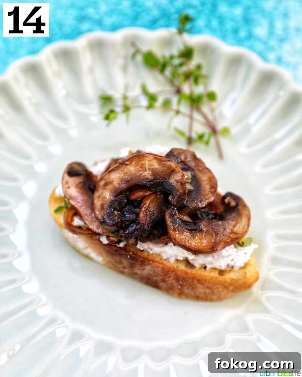 single mushroom crostini on a plate.