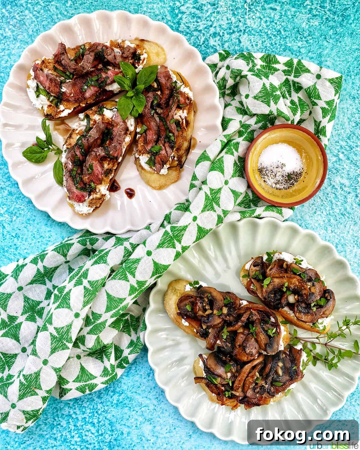 two plates of mushroom crostini.