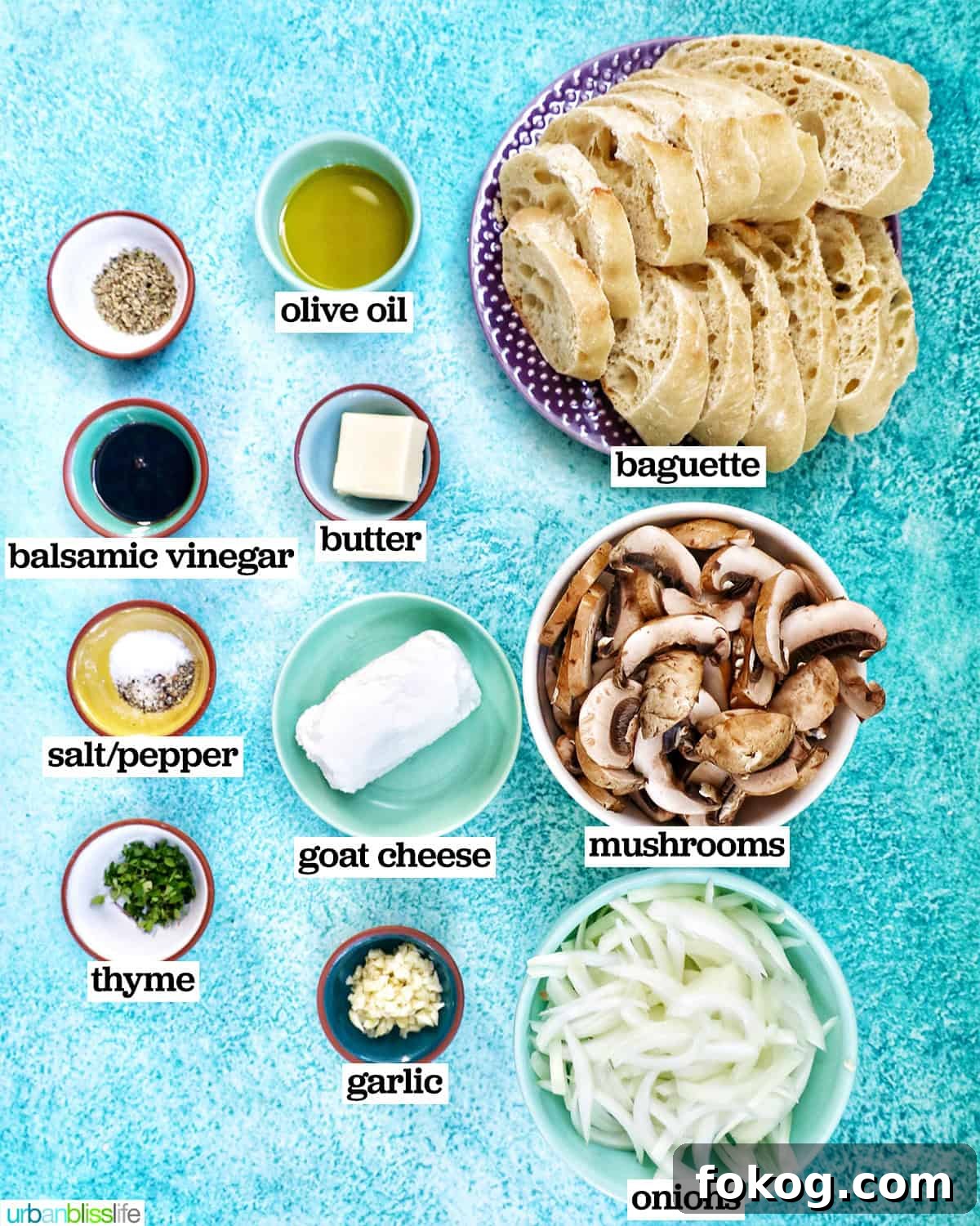 bowls and plates of ingredients to make mushroom crostini.