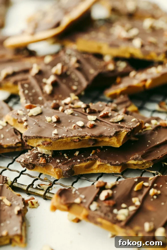 Closeup of broken toffee pieces.