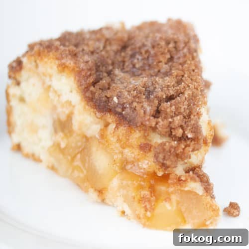 piece of apple cinnamon crumb cake with icing on top on a white plate
