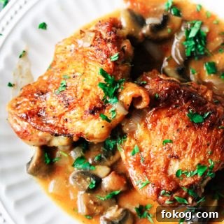 Overhead shot of hunters chicken on a white plate