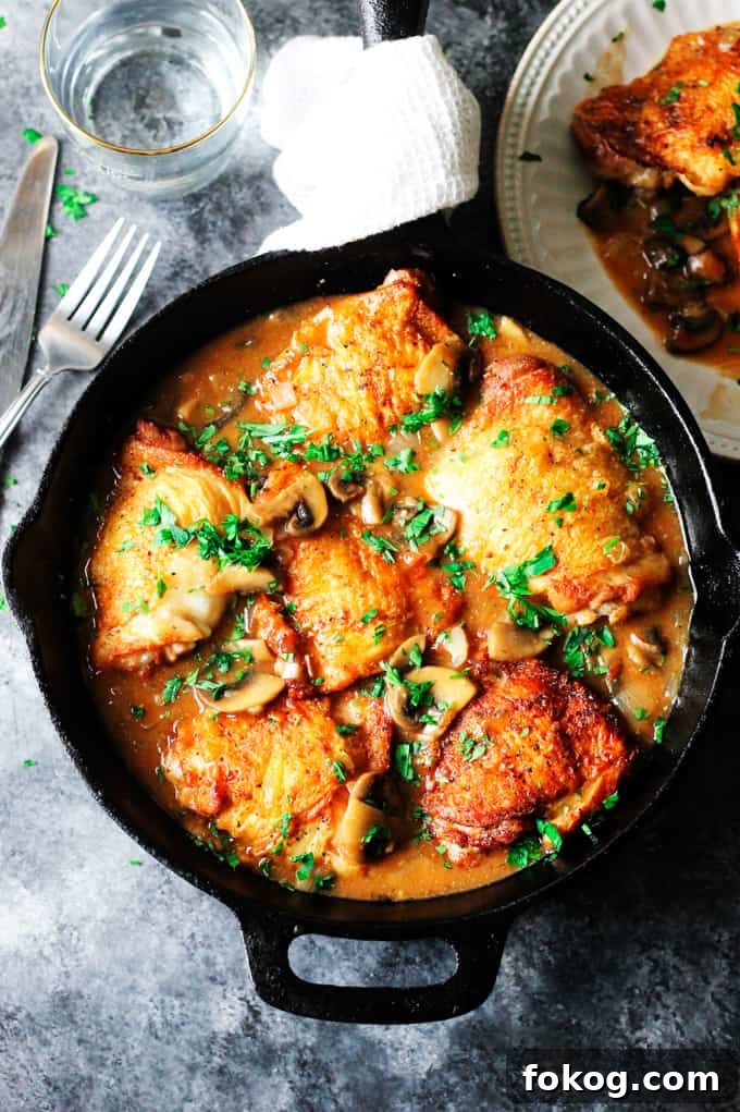 Chicken Chasseur or Hunter's Chicken Overhead shot of French chicken chasseur in black skillet with water behind