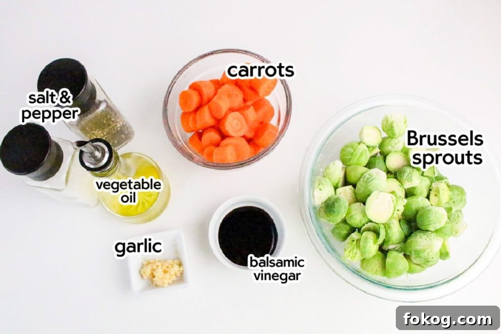 Crispy Roasted Brussels Sprouts with Honey-Glazed Carrots 3 Ingredients needed to make roasted brussel sprouts and carrots with text labels.