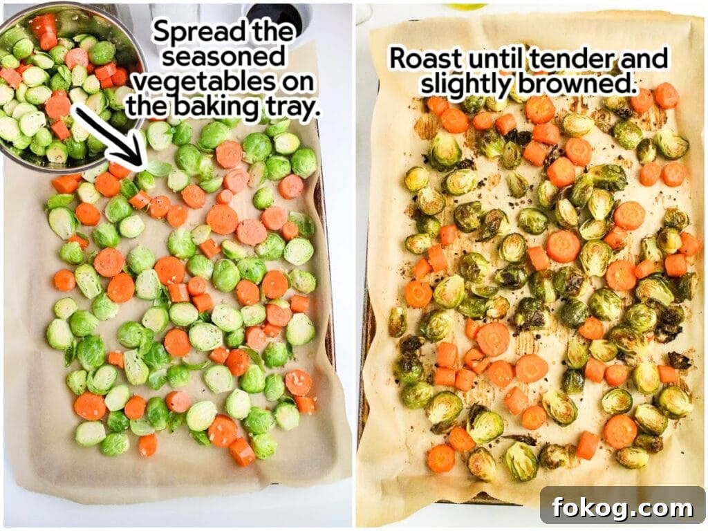 Crispy Roasted Brussels Sprouts with Honey-Glazed Carrots 4 Two image collage showing the carrots and brussels sprouts seasoned in a mixing bowl, then poured onto a roasting pan, and the veggies after baking with text overlay.