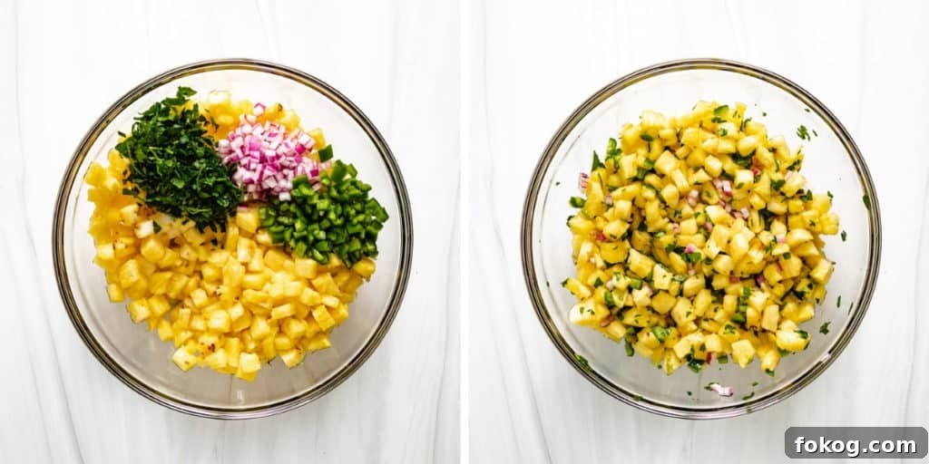 Spicy Jalapeño Pineapple Salsa Recipe for Grilling and Tacos 3 Collage showing how to make jalapeno pineapple salsa.