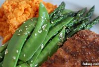 Mustard-Balsamic Salmon with Sesame Asparagus, Snap Peas & Orange Sweet Mash