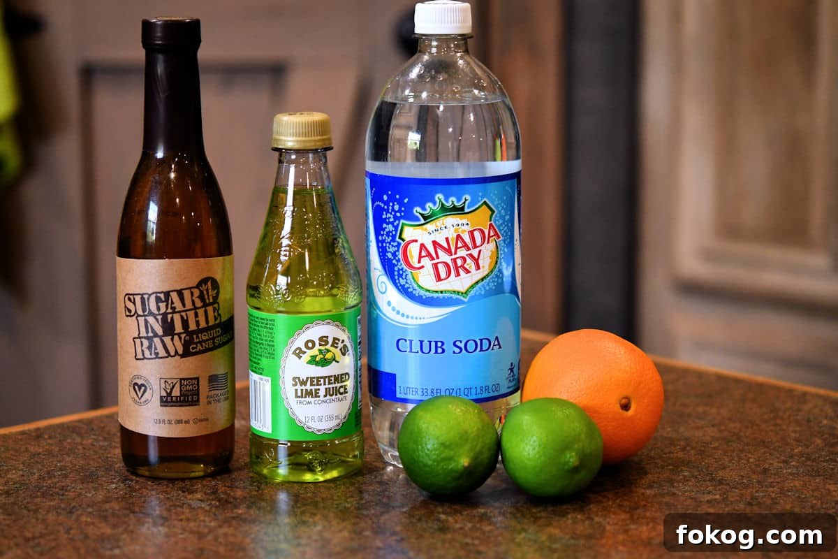 ingredients for virgin margarita mocktail displayed on a countertop