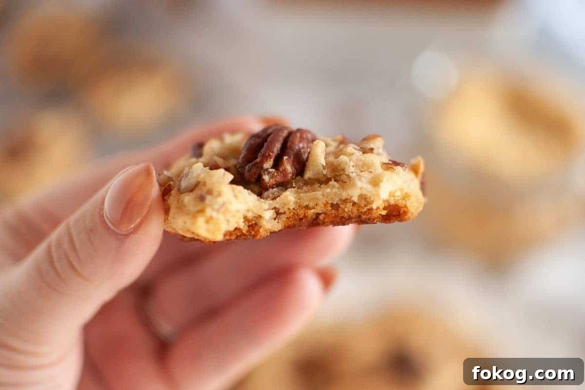 A hand holds a bitten Butter Pecan Cookie topped with a pecan and chopped nuts, with a blurred background.
