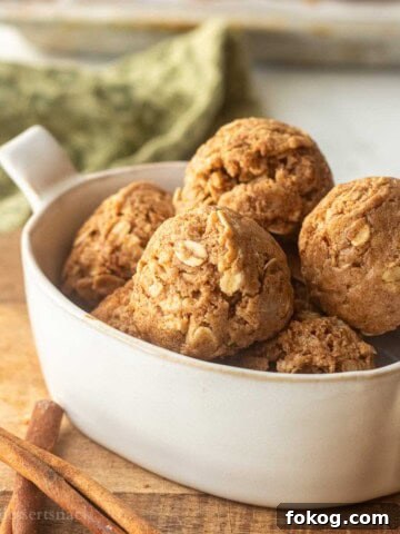 Rolled snickerdoodle protein balls in dish on cutting board.