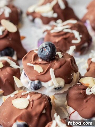 Hardened chocolate on blueberry yogurt clusters.