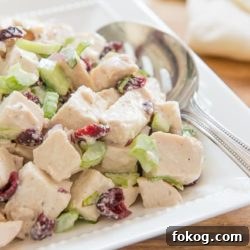 Cranberry Chicken Salad in White Dish with Celery and Craisins