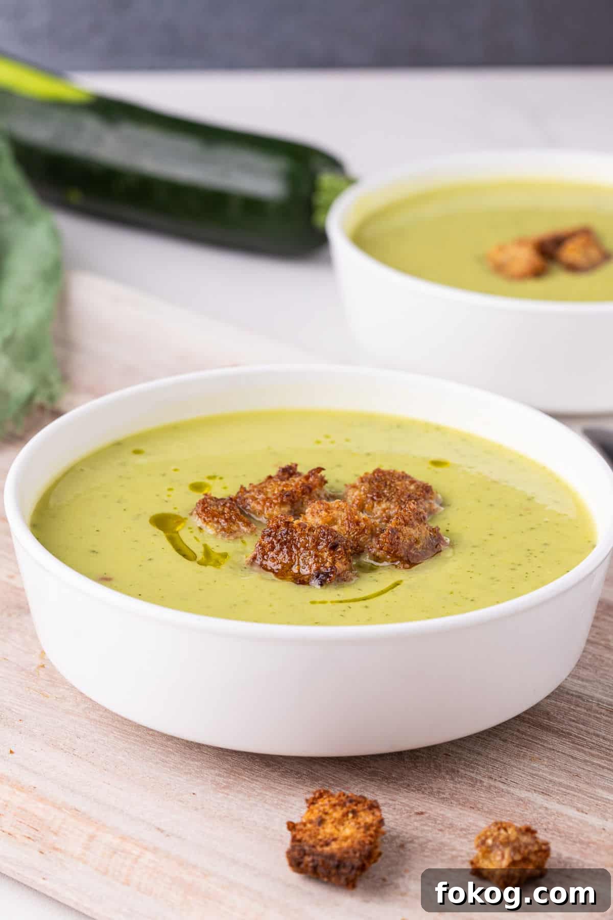 Zucchini soup in a bowl topped with croutons.