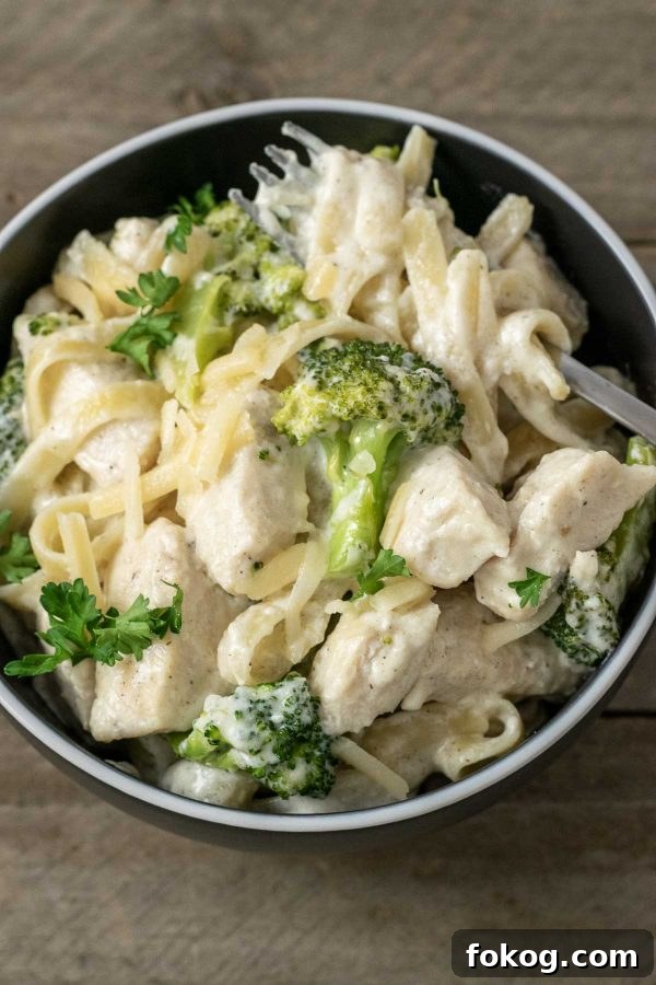 Creamy Chicken Fettuccine Alfredo Recipe for Weeknight Dinner 2 Chicken Fettuccine Alfredo with Broccoli in a bowl with a fork.