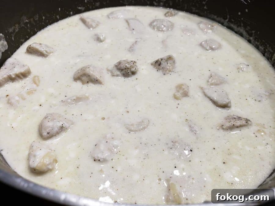 Creamy Chicken Fettuccine Alfredo Recipe for Weeknight Dinner 7 chicken cooking in alfredo sauce.