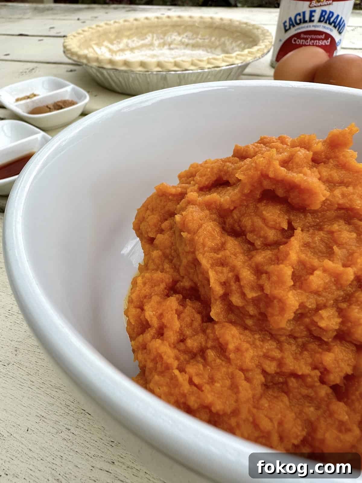 Pumpkin puree in a bowl with pie ingredients.