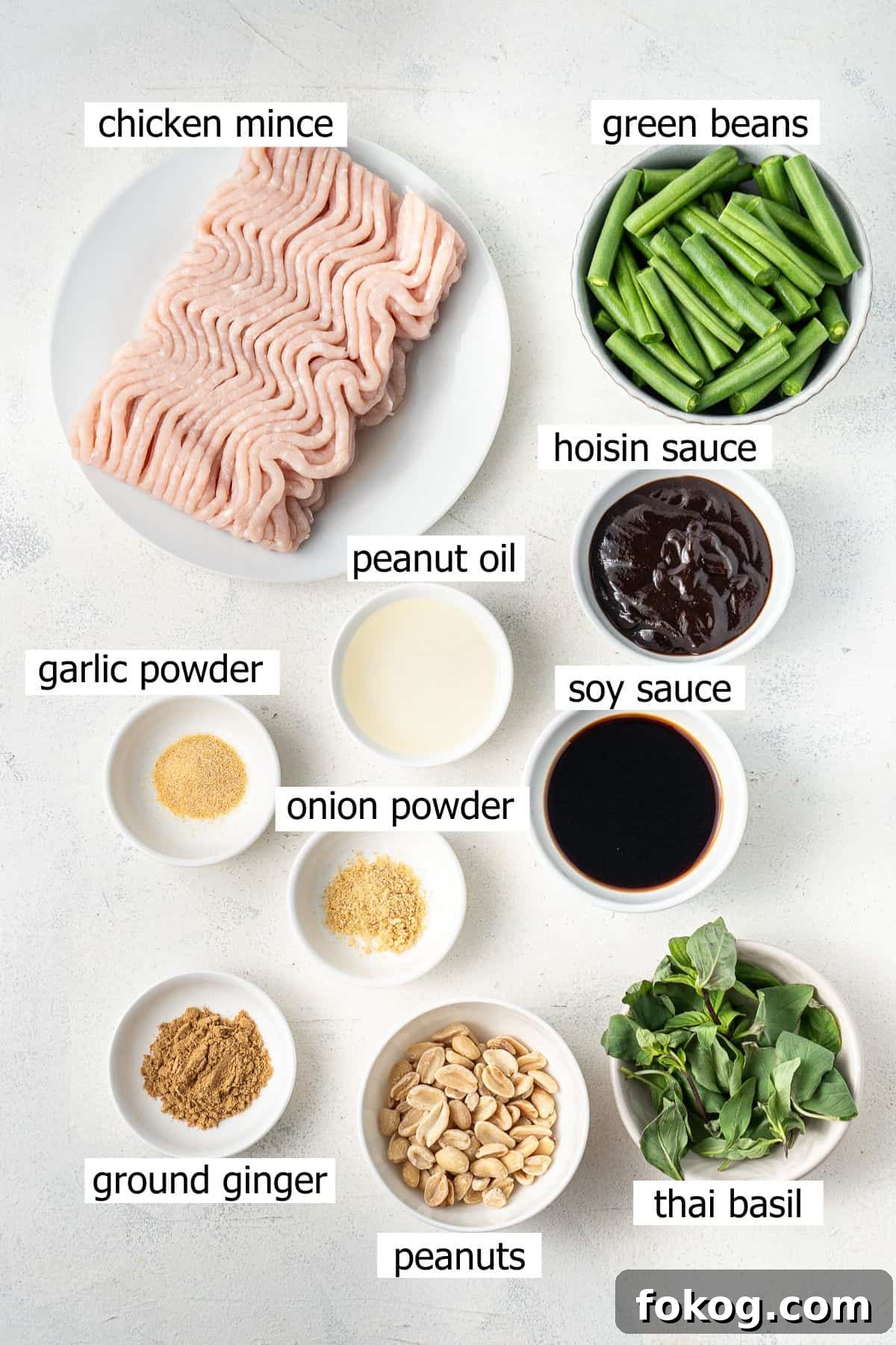 20-Minute Hoisin Chicken Stir-Fry Recipe for Weeknight Dinners 3 All ingredients needed to make chicken hoisin stir fry aid out in small bowls.