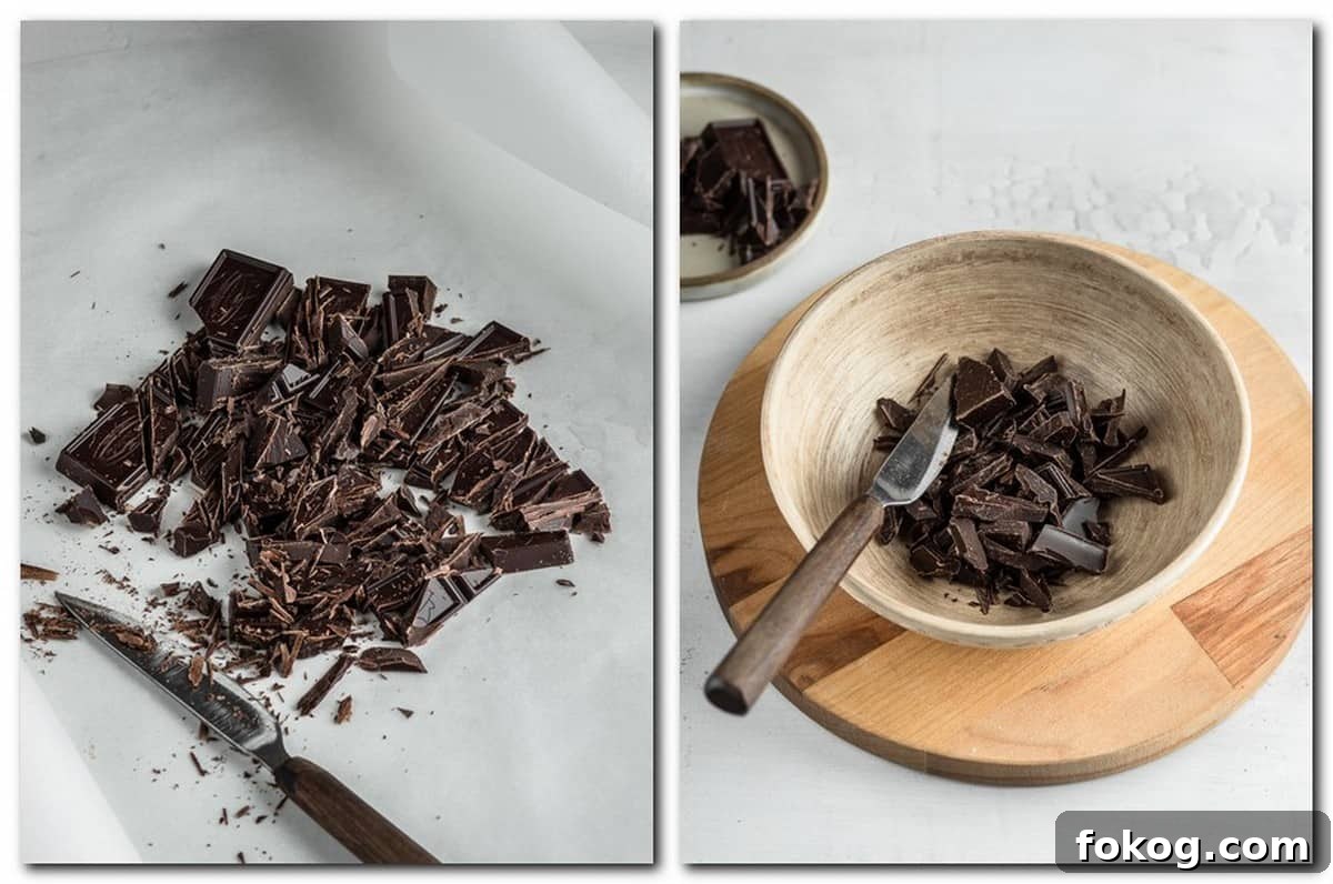 2-Ingredient Chocolate Whipped Cream Frosting Recipe 4 Photo 1: Chopped chocolate with a knife Photo 2: Chopped chocolate in a bowl