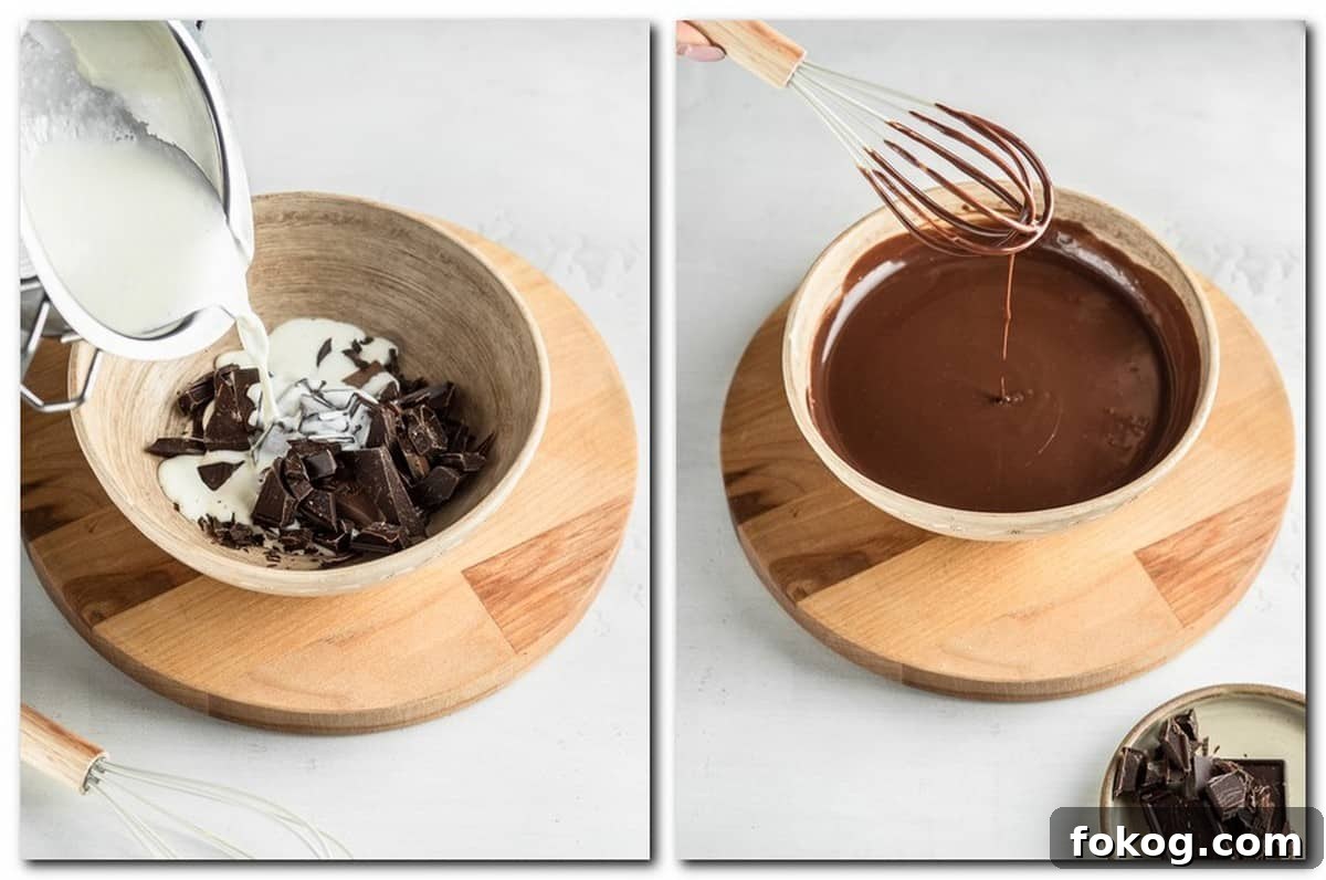 2-Ingredient Chocolate Whipped Cream Frosting Recipe 5 Photo 3: Pouring cream into chocolate Photo 4: Chocolate cream mixture in a bowl