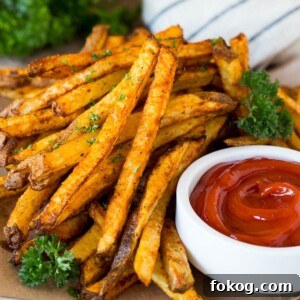 A plate of air fryer french fries garnished with parsley and served with ketchup.