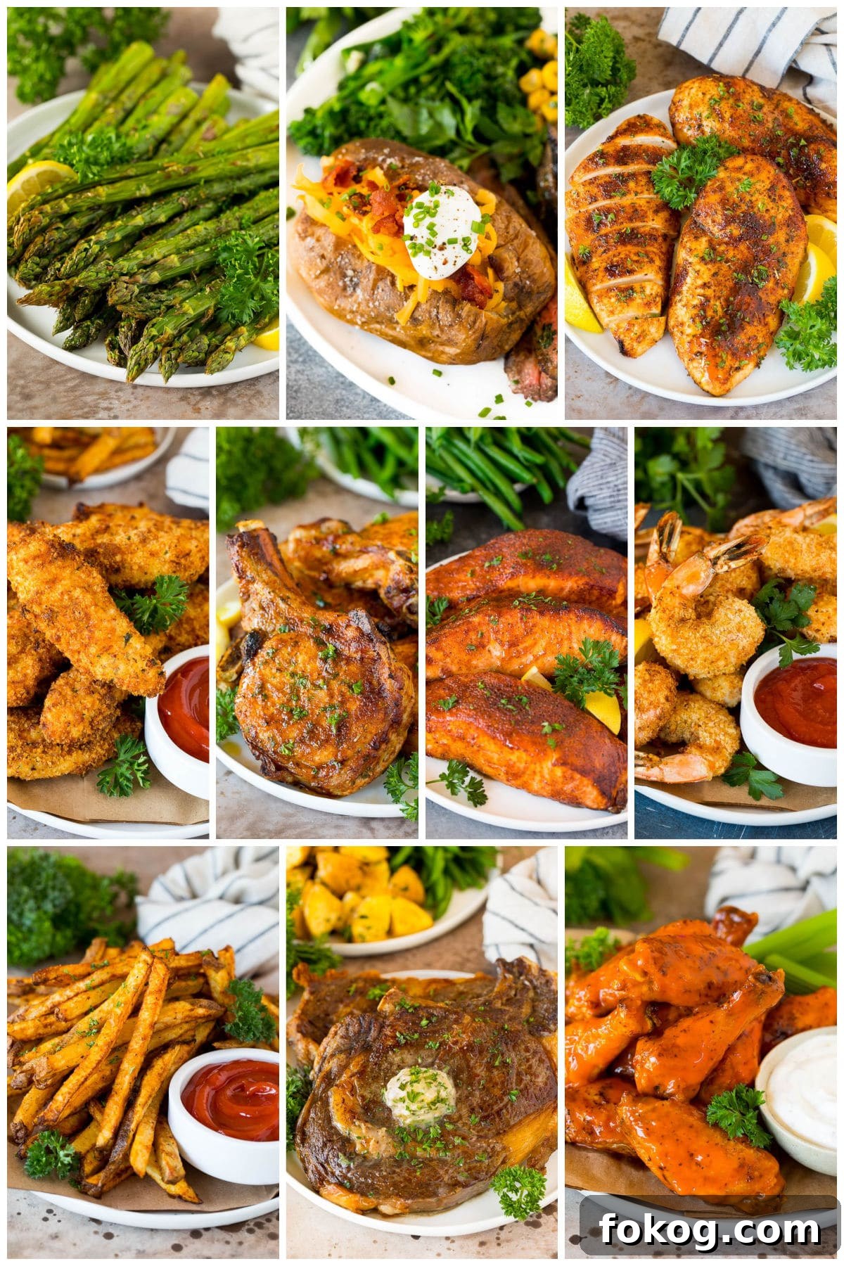 10 Must-Try Air Fryer Recipes for Quick Weeknight Meals 3 A collection of dishes that can be cooked up with an air fryer like chicken tenders, salmon and steak.