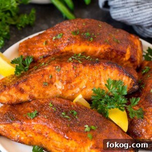 A plate of air fryer salmon fillets garnished with lemon and herbs.