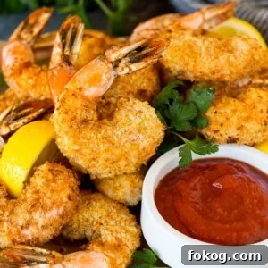A plate of air fryer shrimp served with cocktail sauce.