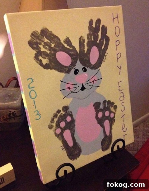 Hand and footprint bunny art - cute! Do it on a canvas and display it year after year. 