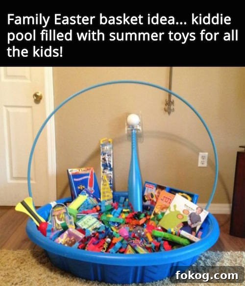 A family Easter basket idea - neat! Fill up a plastic pool with a bunch of stuff and use a hula hoop to make it look like a real basket.