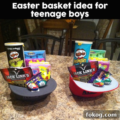 Great idea for older boys who no longer want to carry around Easter baskets! Fill up hats with some of their favorite snacks. Saving this....