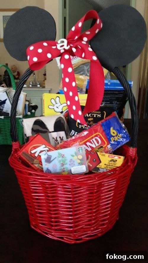 Use black and red spray paint, black craft foam, and red polka dot ribbon to make a Minnie (or Mickey) Easter basket. Great idea! 