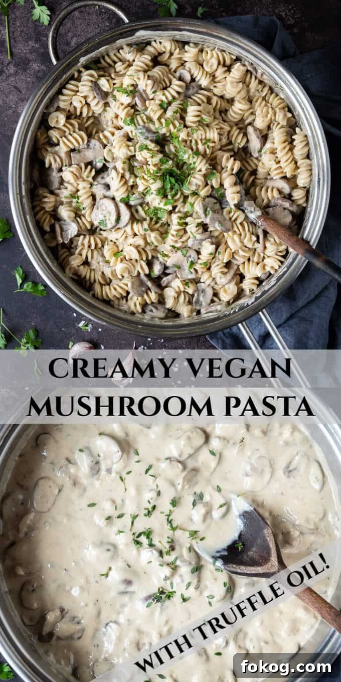 Creamy vegan mushroom pasta with truffle oil - this incredible vegan pasta is rich, creamy and delicious. With a cashew cream sauce and truffle oil it is an indulgent, comforting and impressive meal that is easy to make but tastes amazing! #veganmeal #dairyfree #plantbased Pinterest image.