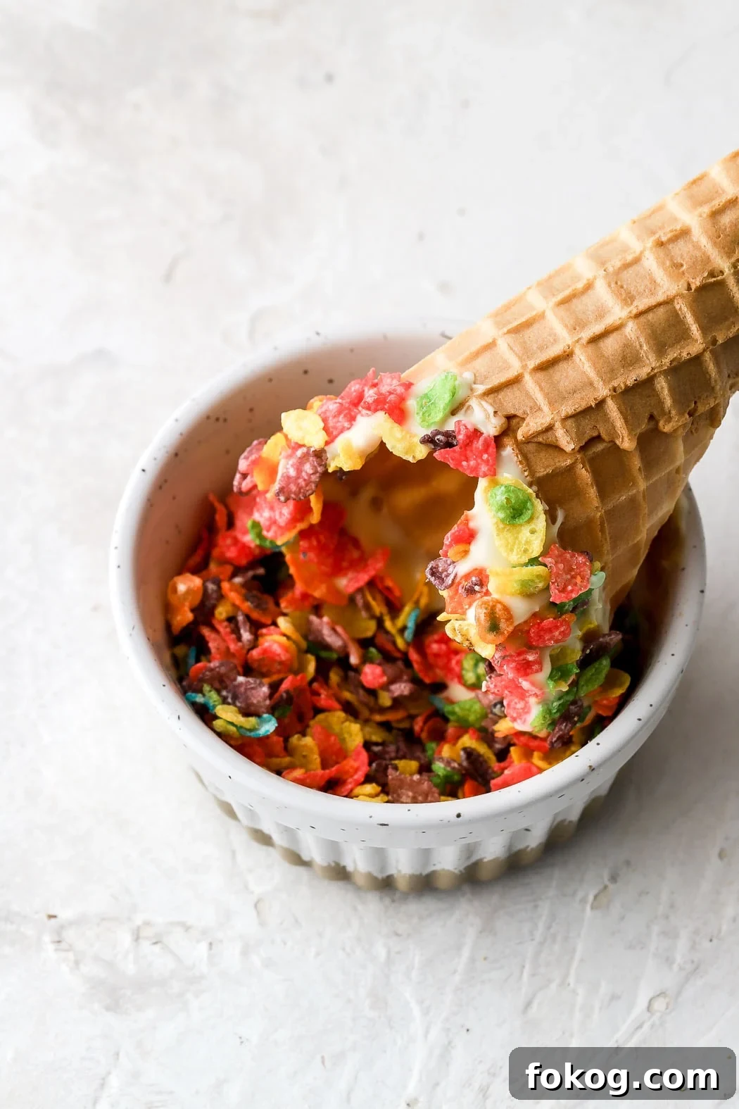 Fruity Pebbles Ice Cream Recipe: Colorful Cereal Ice Cream Scoop 9 dip cone with melted chocolate in cereal