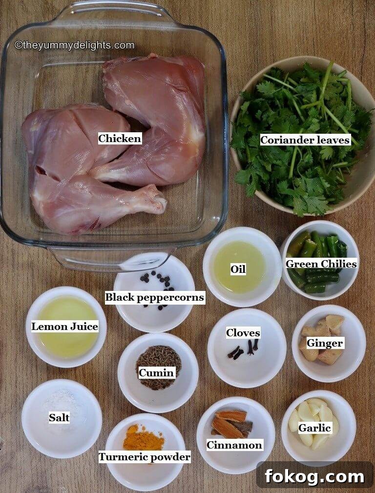 Goan Chicken Cafreal (Galinha Cafreal) Recipe — Authentic Flavor 3 individually labeled ingredients to make chicken cafreal laid out on a table.