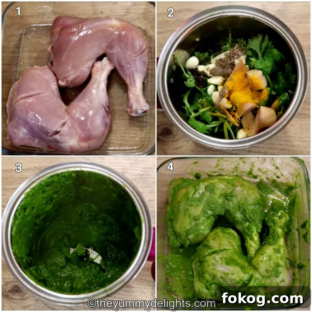 Goan Chicken Cafreal (Galinha Cafreal) Recipe — Authentic Flavor 4 Collage image of 4 steps showing how to make chicken cafreal. It shows marinating the chicken with salt, lemon juice and cafreal masala.