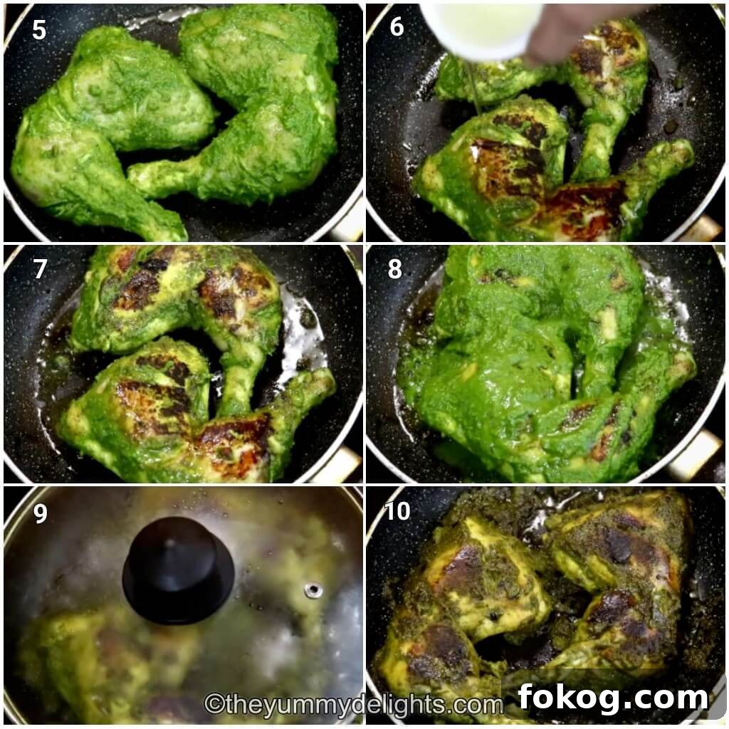 Goan Chicken Cafreal (Galinha Cafreal) Recipe — Authentic Flavor 5 Collage image of 6 steps showing pan-frying the chicken cafreal.