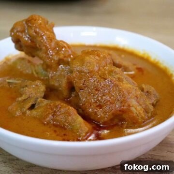 chicken xacuti curry served in white bowl.