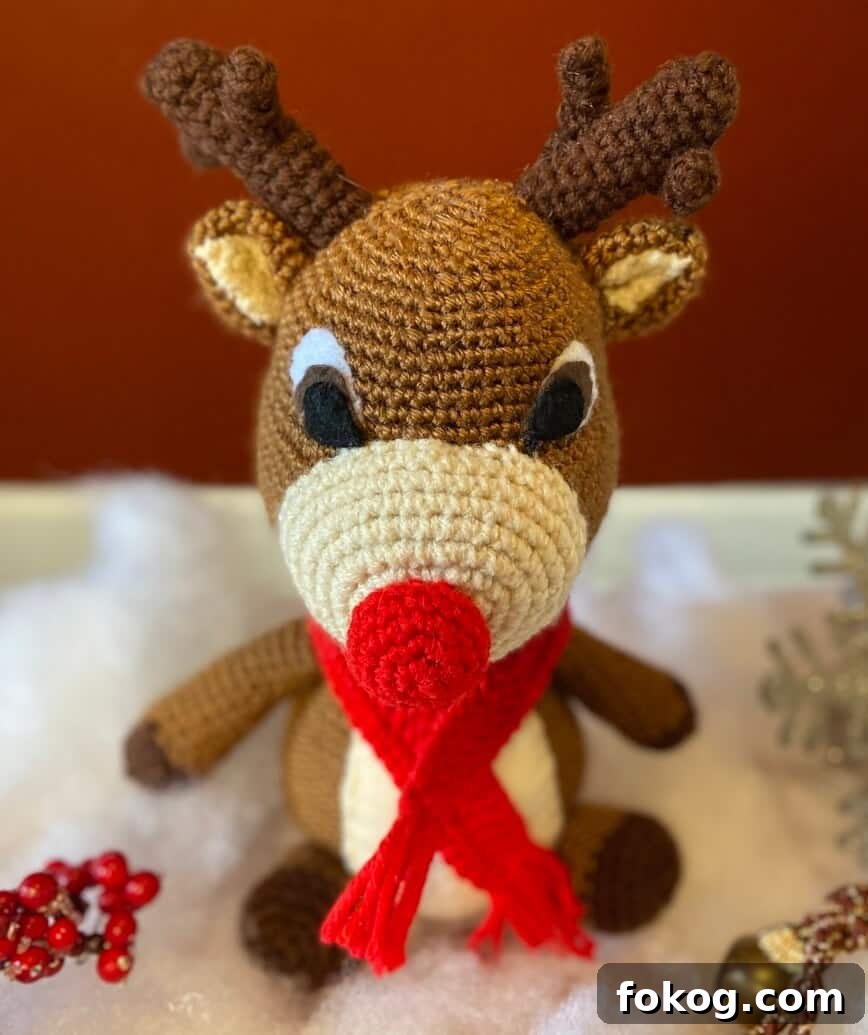 Rudolph with snow, bells, and holly berries.