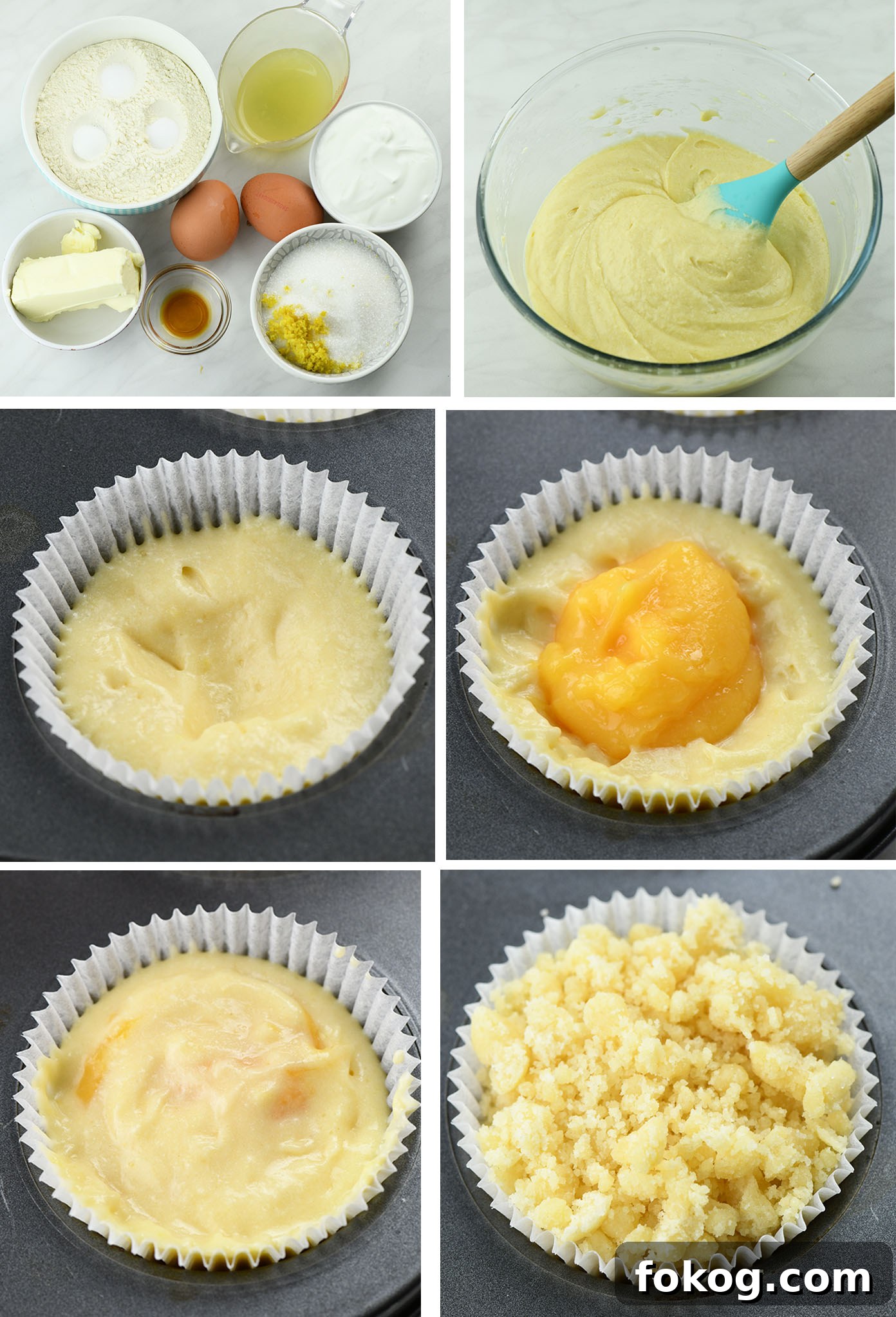 Lemon Curd Muffins with Zesty Citrus Filling 4 step by step process for making lemon curd muffins with filling and crumb topping