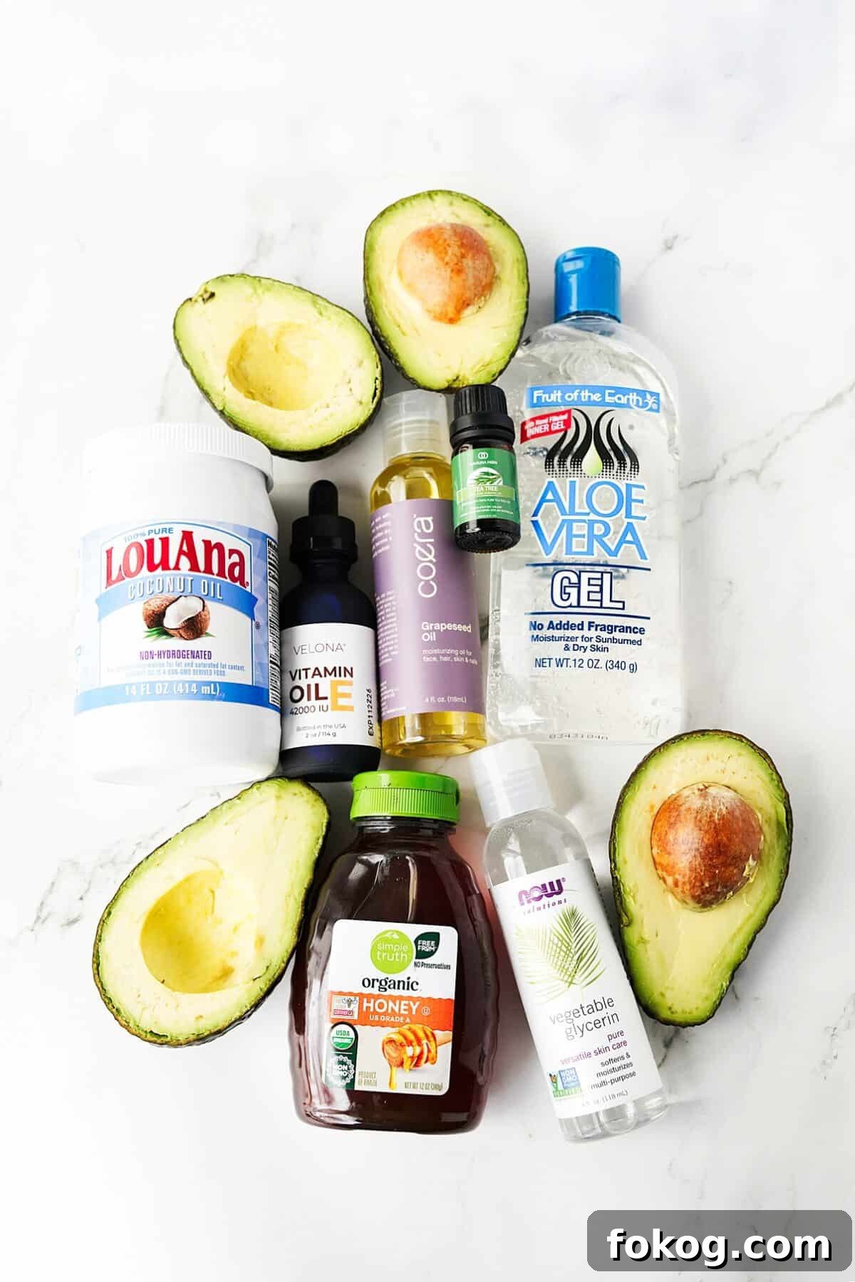 overhead shot of ingredients to make homemade avocado face and hand cream