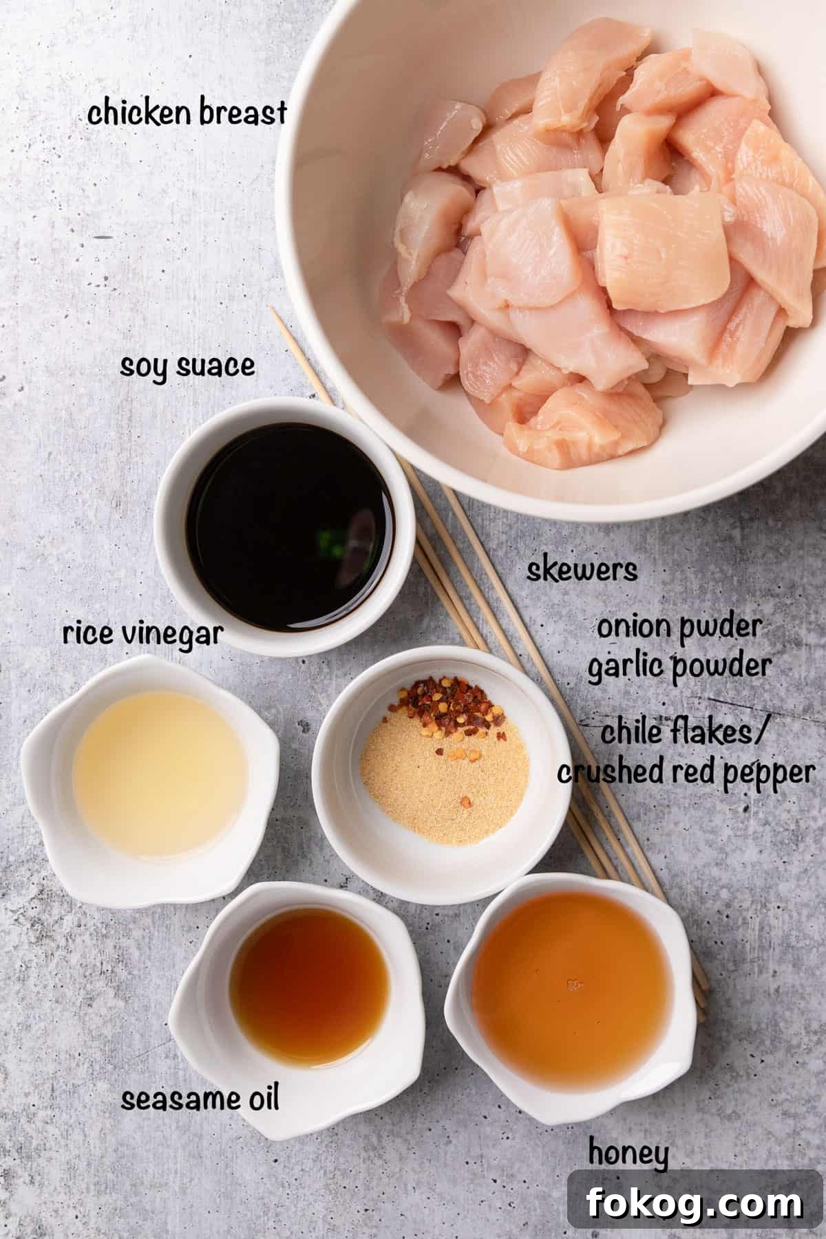 Air Fryer Chinese Chicken Skewers Recipe with Sticky Glaze 3 Ingredients labeled.