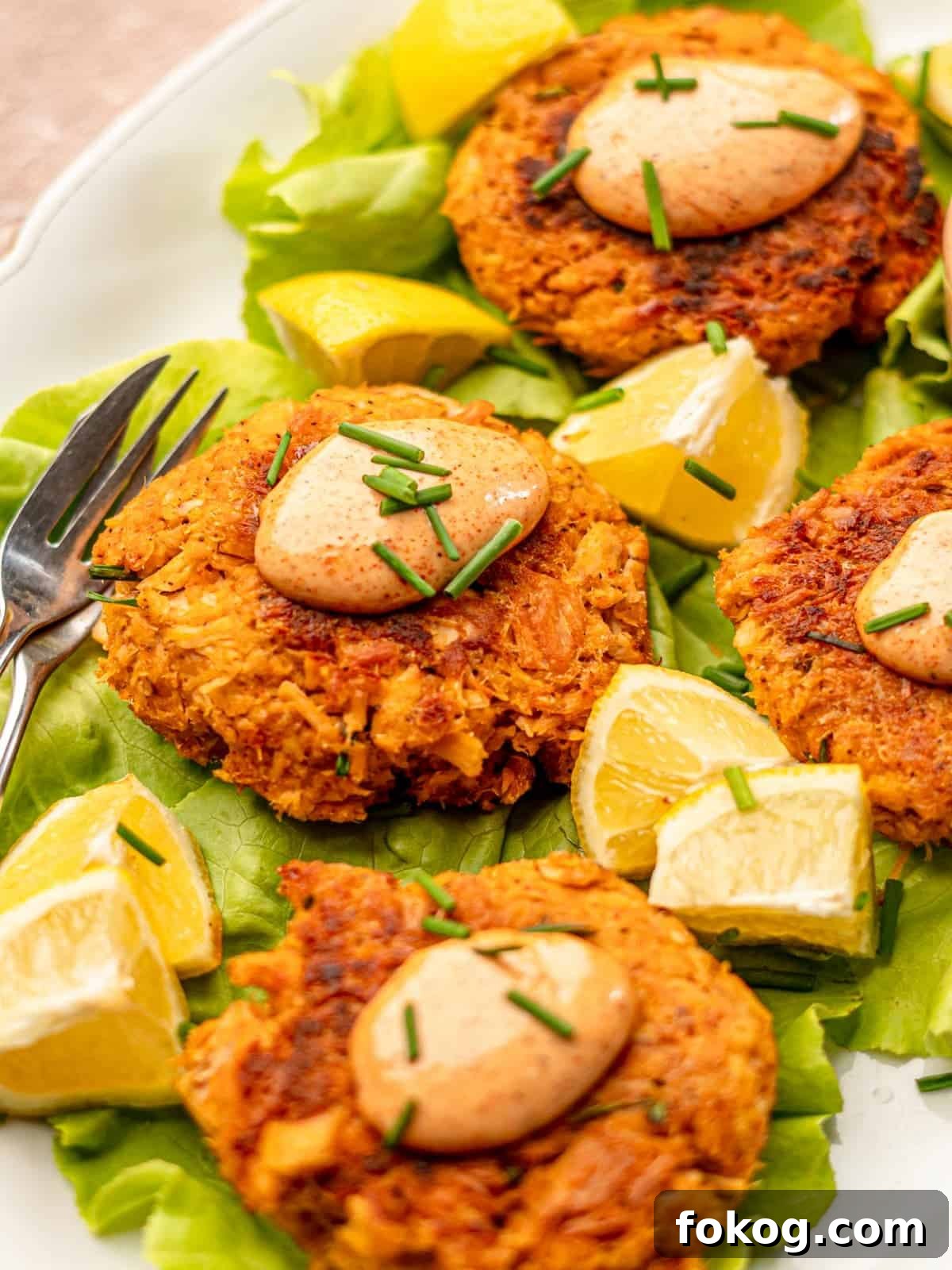 Close up of a tuna cake on a lettuce topped with aioli.