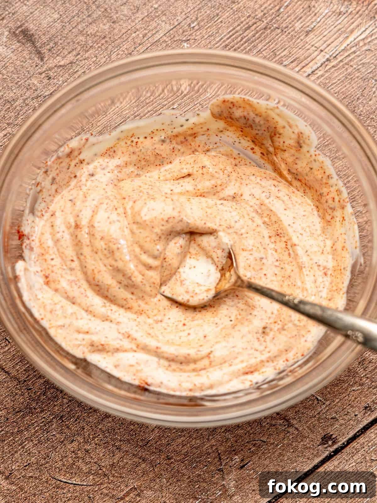 Bowl of spicy aioli with a spoon in it.
