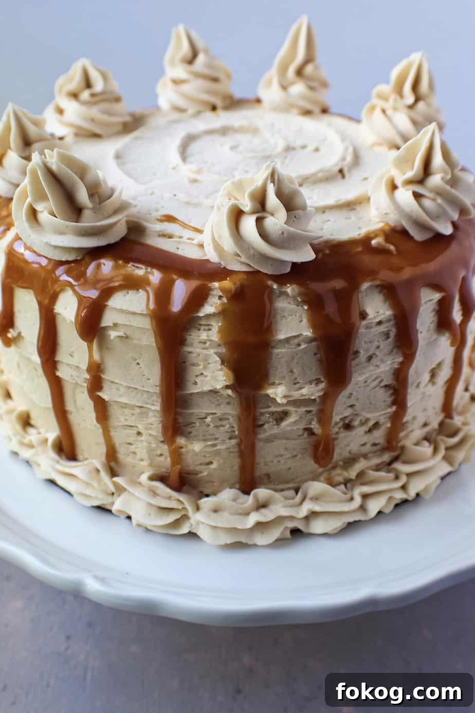 side shot of caramel cheesecake layer cake