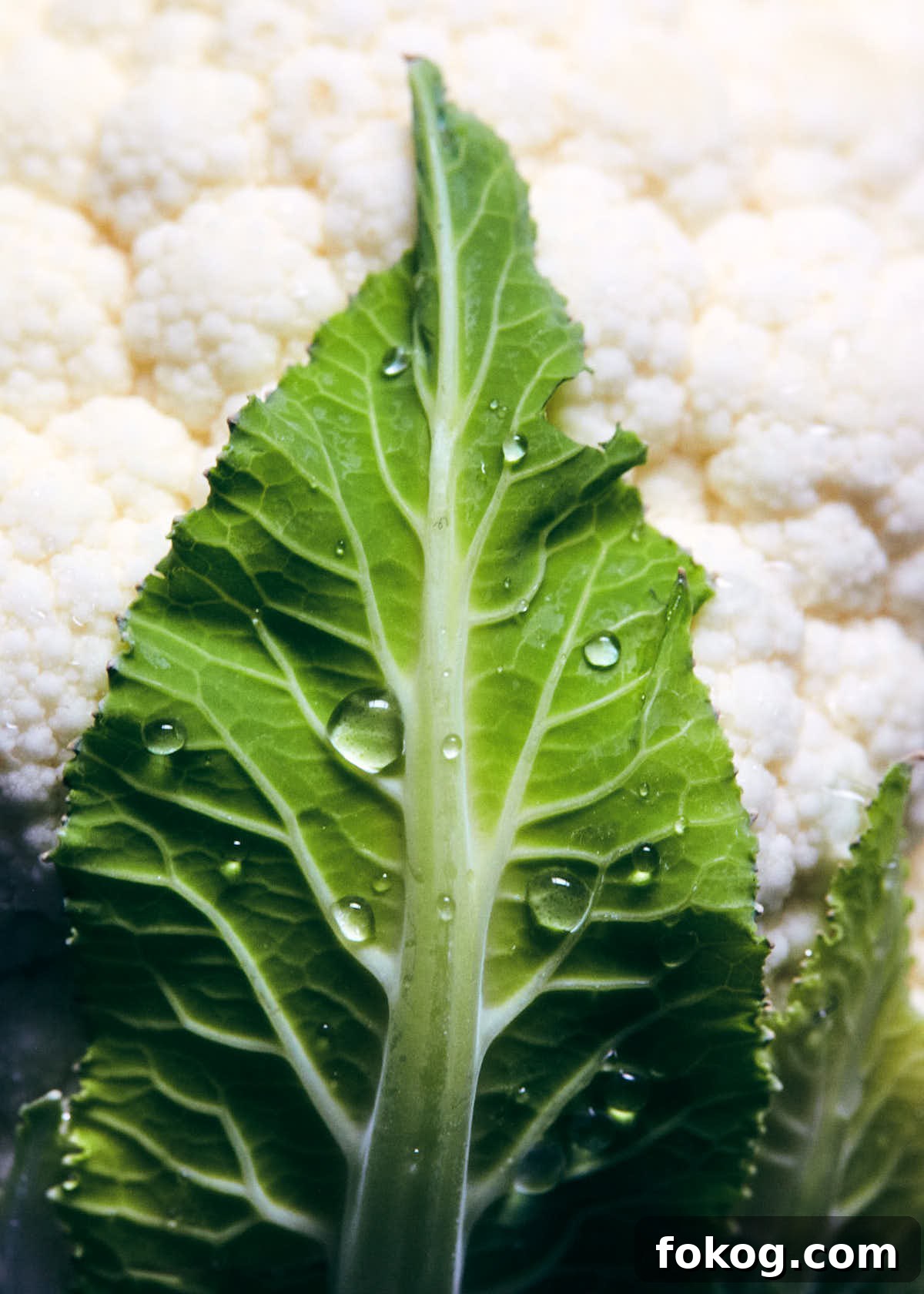 Spicy Cauliflower Nachos with Melted Cheese & Jalapeños 4 Close up photo of cauliflower with water on leaf