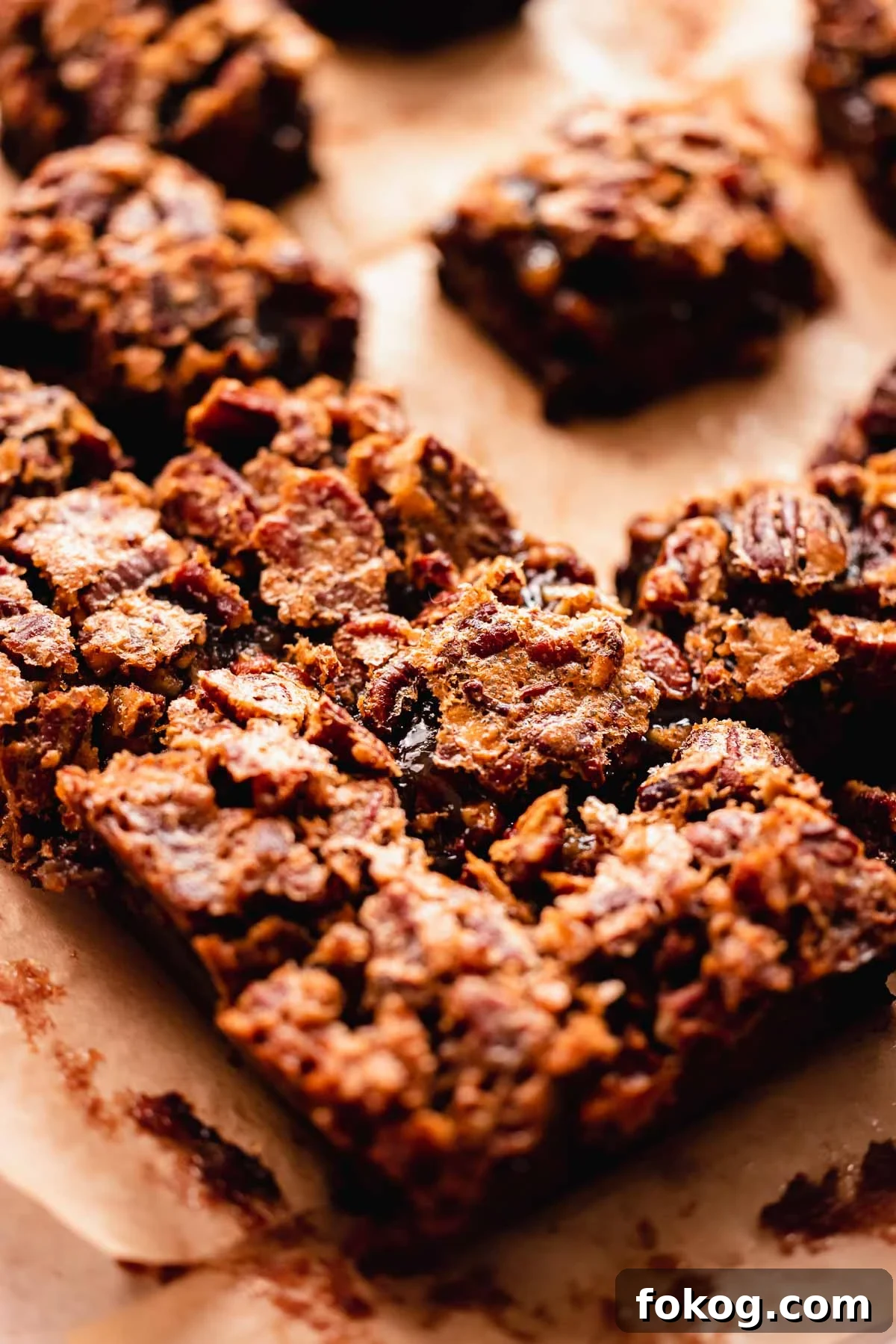 Decadent Pecan Pie Brownies Recipe — Gooey Pecan Swirl Dessert 19 brownie cut in squares with pecan crusted top