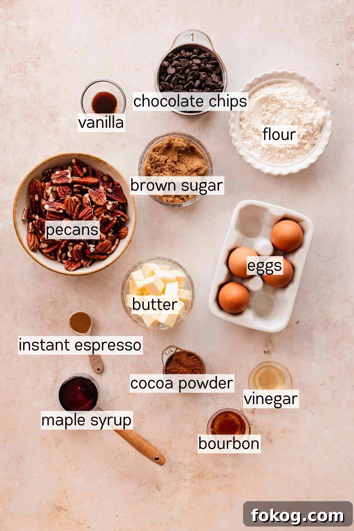 Decadent Pecan Pie Brownies Recipe — Gooey Pecan Swirl Dessert 4 ingredients for pecan pie brownies in bowls