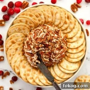 A round cheese ball in the center of a plate surrounded by crackers.
