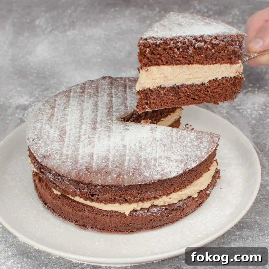 Holding up a slice of our Chocolate Victoria Sponge Cake by hand with a silver cake knife and the chocolate cake on a white plate with icing sugar sprinkled all over the surface