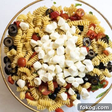 Classic Italian Pasta Salad Recipe with Tangy Vinaigrette and Veggies 7 mozzarella balls on top of the pasta salad.